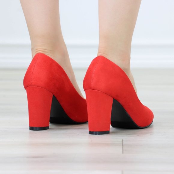 Classic Block High Heel Slip On Pointed Toe Pumps Red Suede - Picture 5 of 12